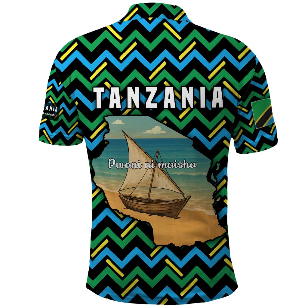 Tanzania Coastal Life Polo Shirt with Swahili Dhow Boat and Tribal Pattern TS04
