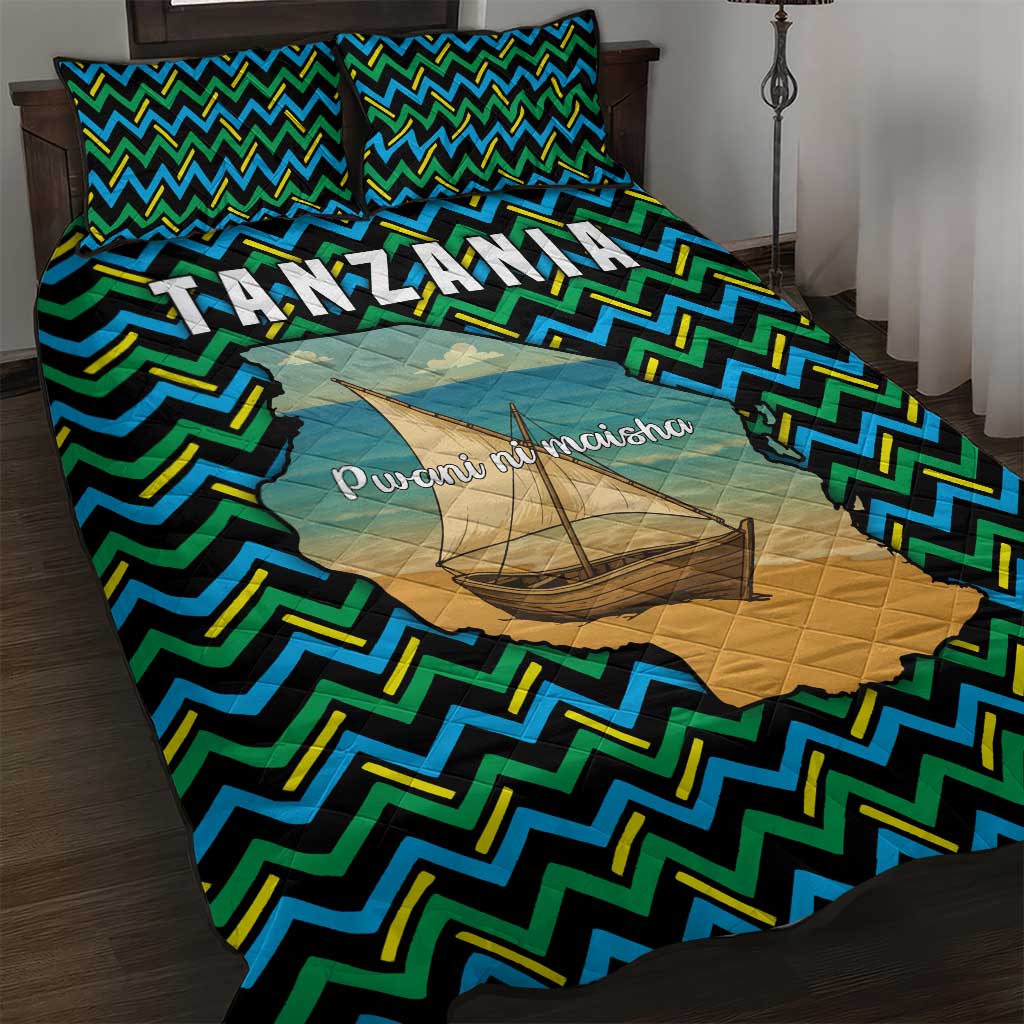 Tanzania Coastal Life Quilt Bed Set - Swahili Dhow Boat and Tribal Pattern TS04