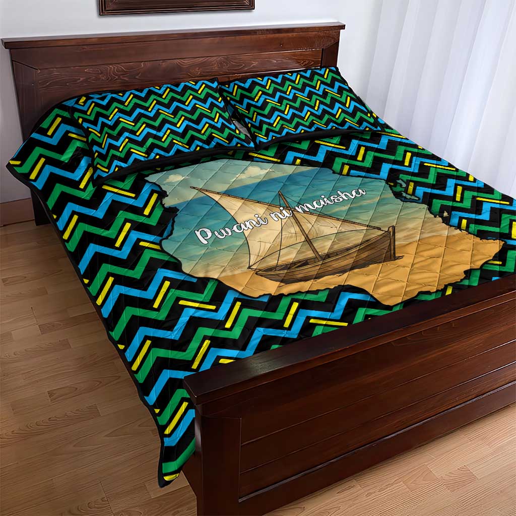 Tanzania Coastal Life Quilt Bed Set - Swahili Dhow Boat and Tribal Pattern TS04