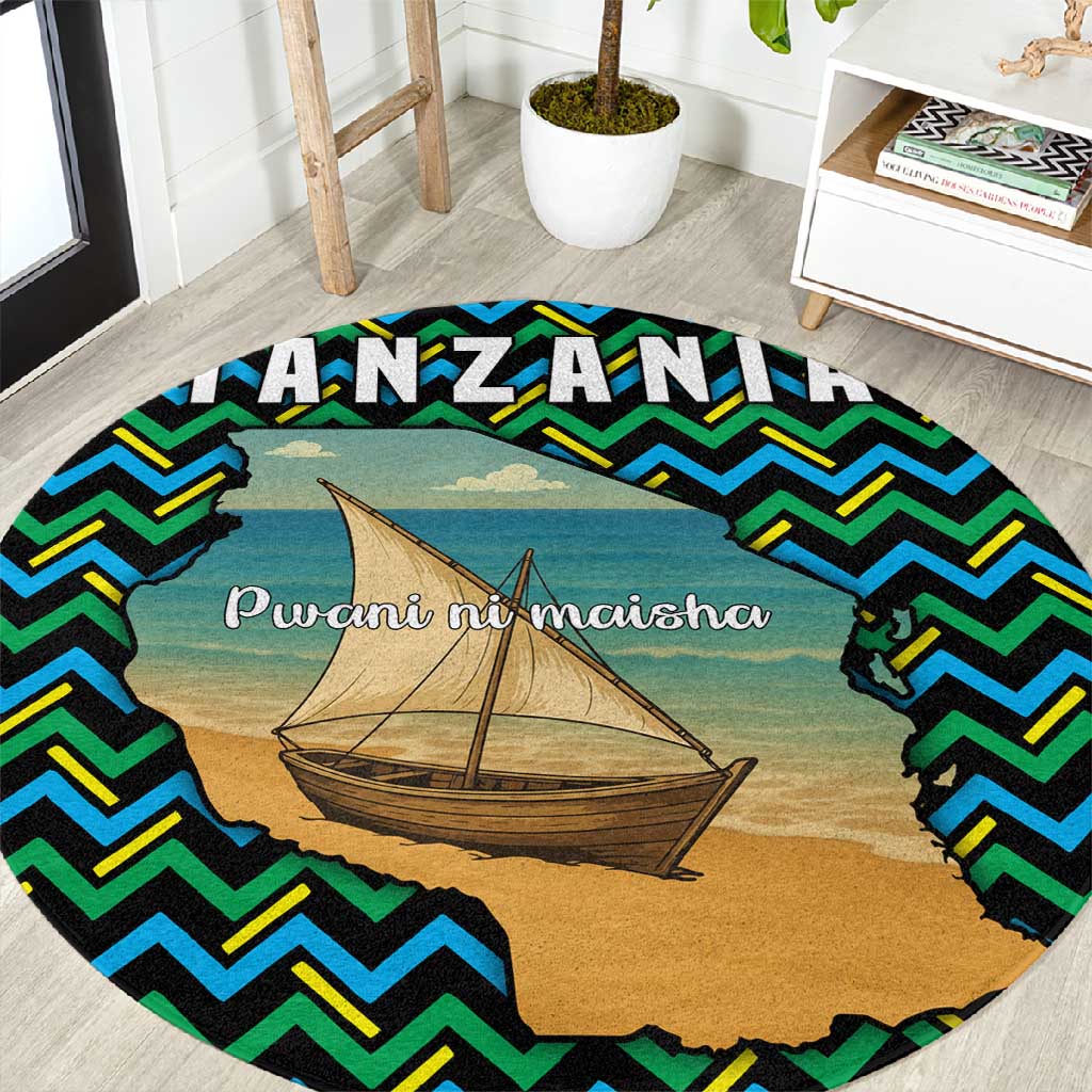 Tanzania Coastal Life Round Carpet - Swahili Dhow Boat and Tribal Pattern TS04