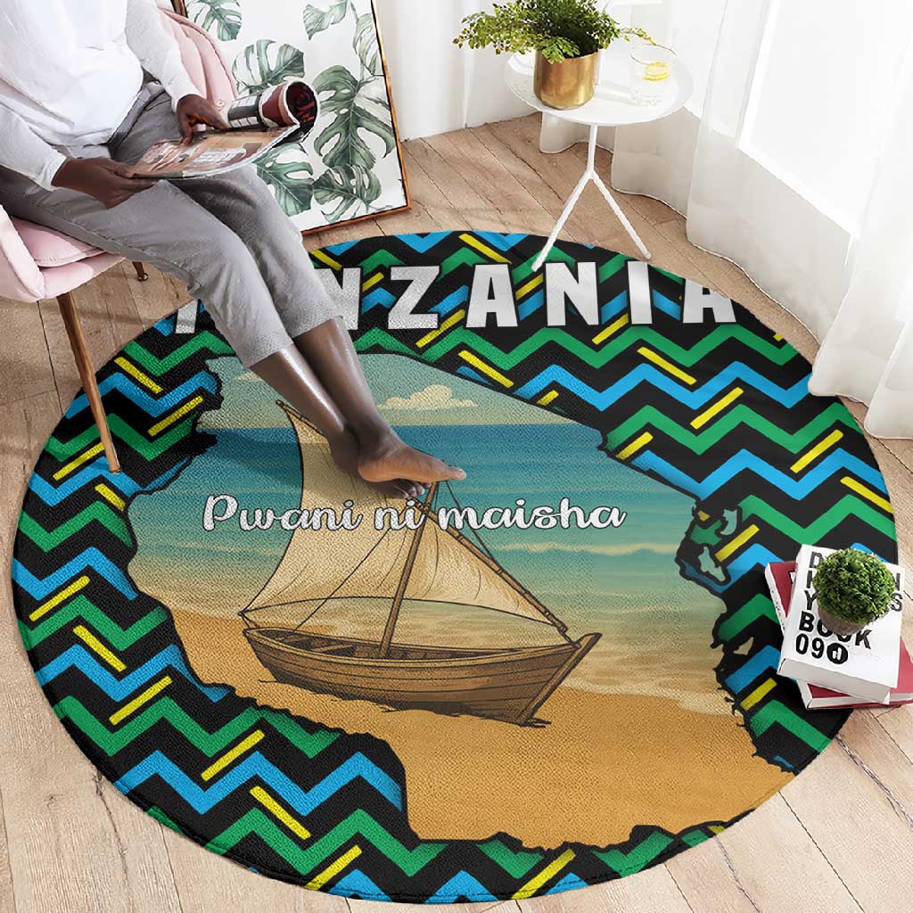 Tanzania Coastal Life Round Carpet - Swahili Dhow Boat and Tribal Pattern TS04