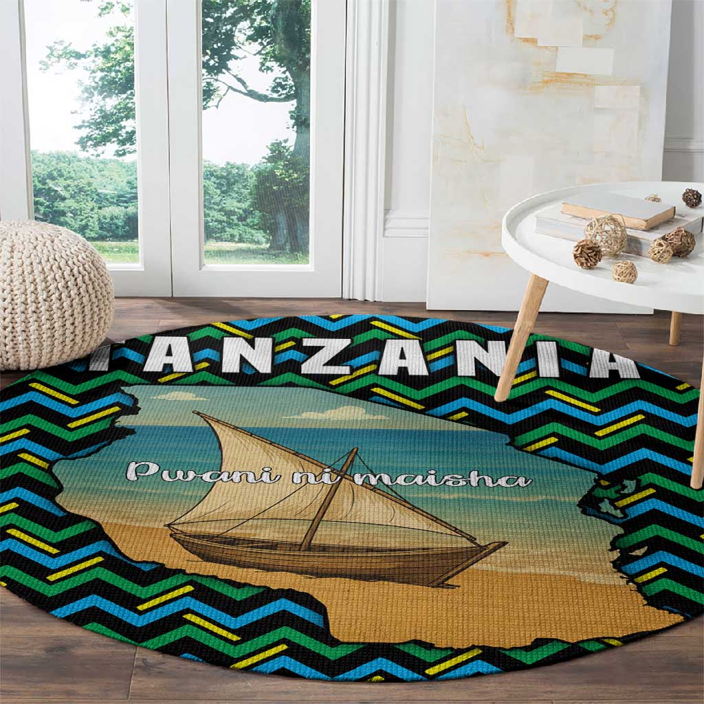Tanzania Coastal Life Round Carpet - Swahili Dhow Boat and Tribal Pattern TS04