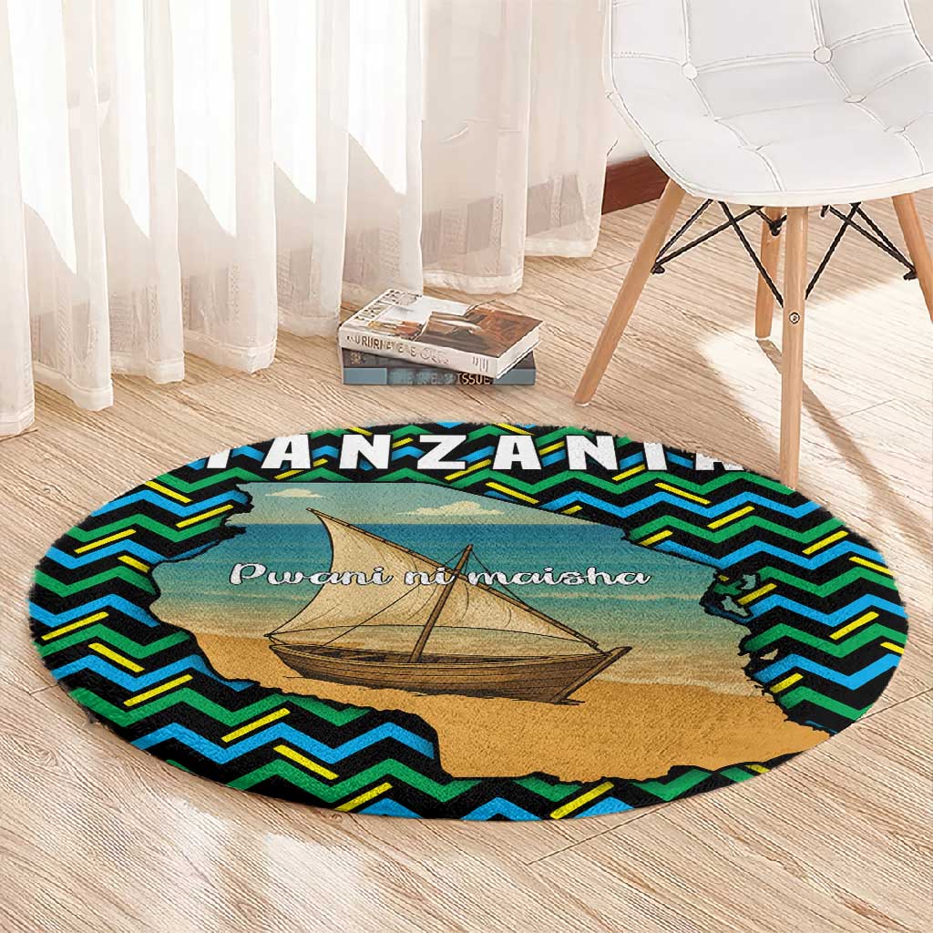 Tanzania Coastal Life Round Carpet - Swahili Dhow Boat and Tribal Pattern TS04