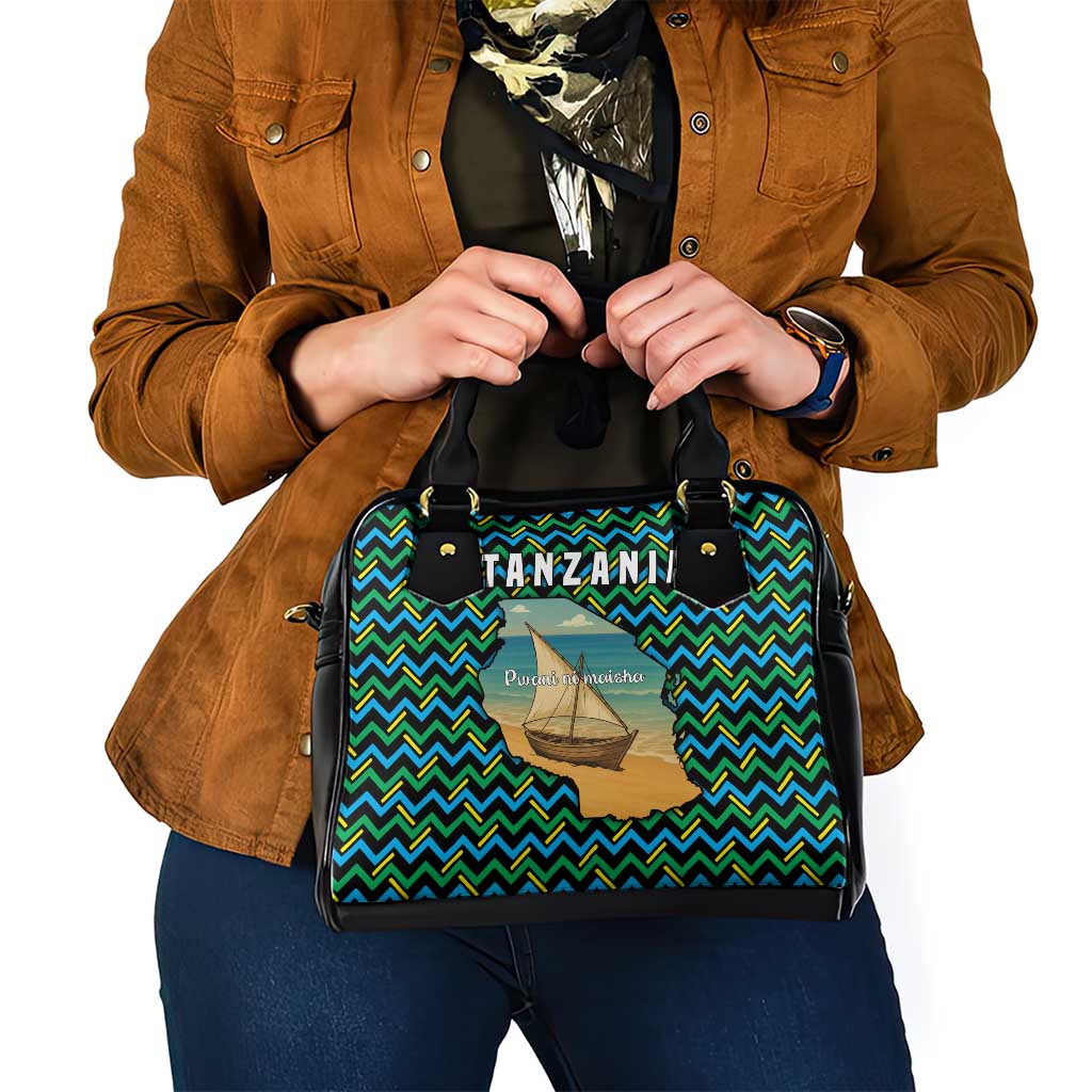 Tanzania Coastal Life Shoulder Handbag with Swahili Dhow Boat and Tribal Pattern TS04