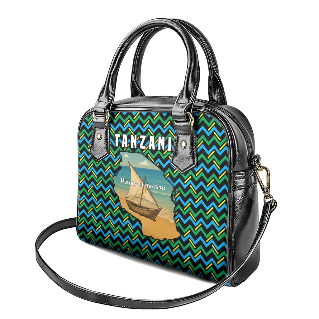 Tanzania Coastal Life Shoulder Handbag with Swahili Dhow Boat and Tribal Pattern TS04
