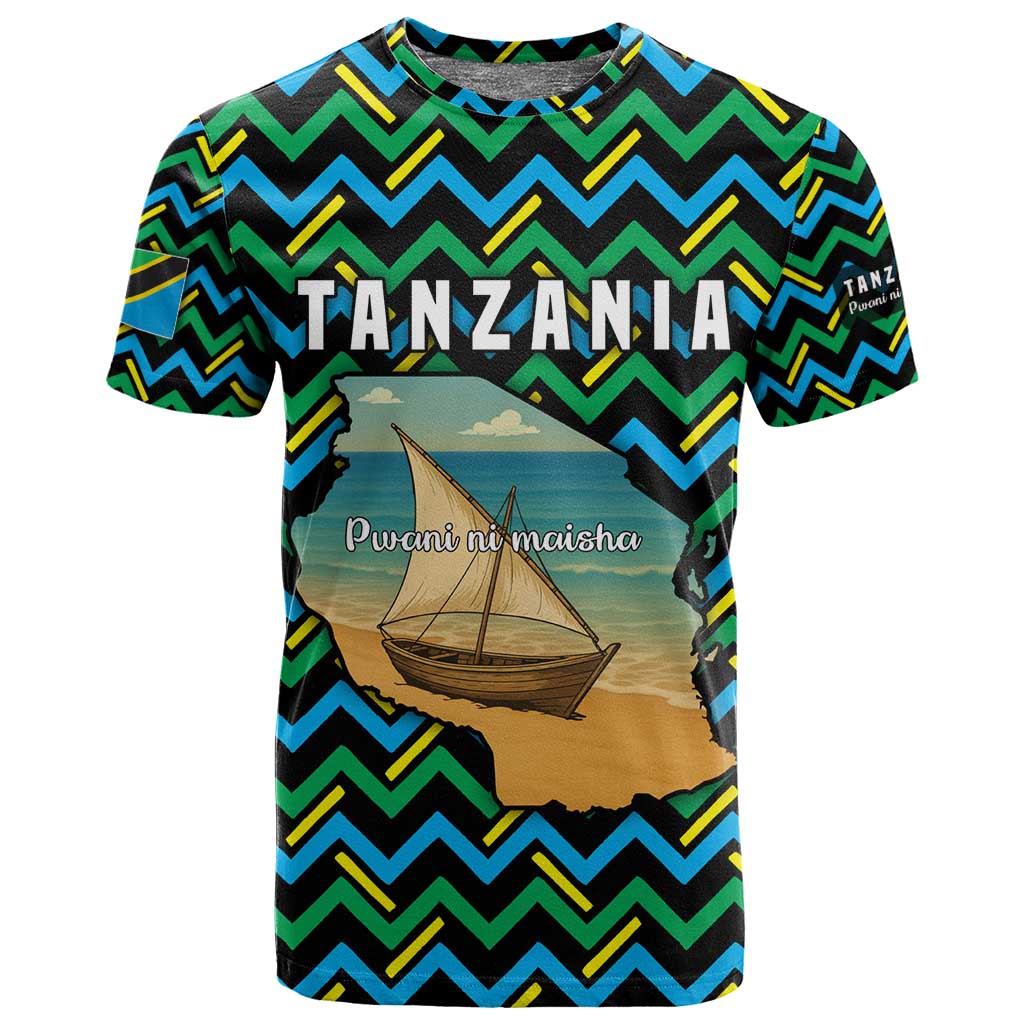 Tanzania Coastal Life T shirt - Swahili Dhow Boat and Tribal Pattern TS04