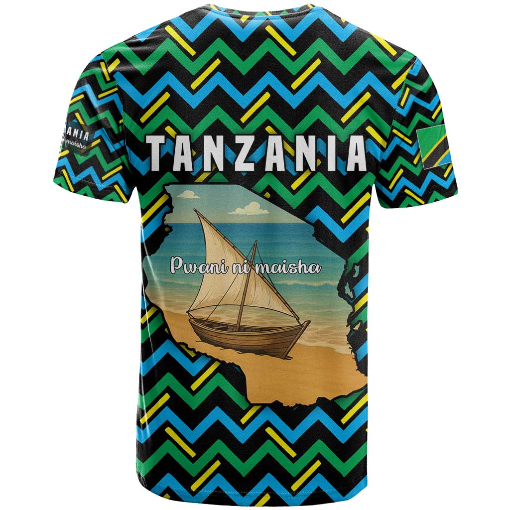 Tanzania Coastal Life T shirt - Swahili Dhow Boat and Tribal Pattern TS04