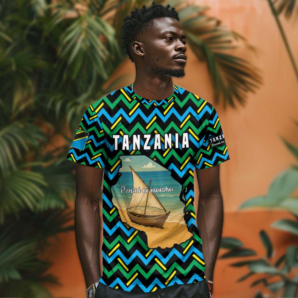 Tanzania Coastal Life T shirt - Swahili Dhow Boat and Tribal Pattern TS04