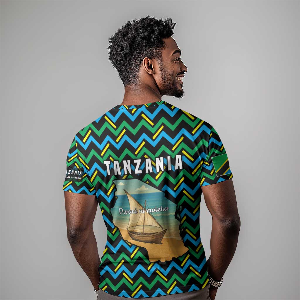 Tanzania Coastal Life T shirt - Swahili Dhow Boat and Tribal Pattern TS04