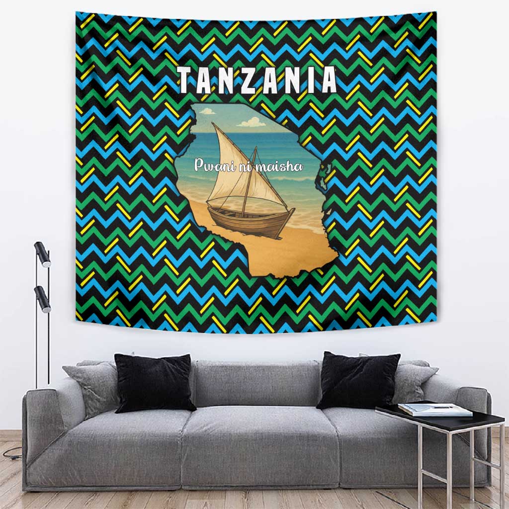 Tanzania Coastal Life Tapestry - Swahili Dhow Boat and Tribal Pattern TS04