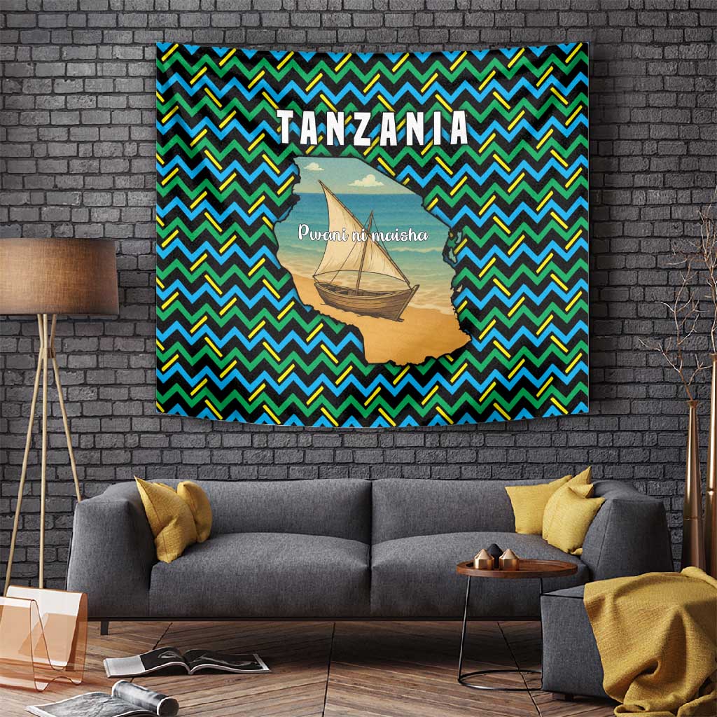 Tanzania Coastal Life Tapestry - Swahili Dhow Boat and Tribal Pattern TS04