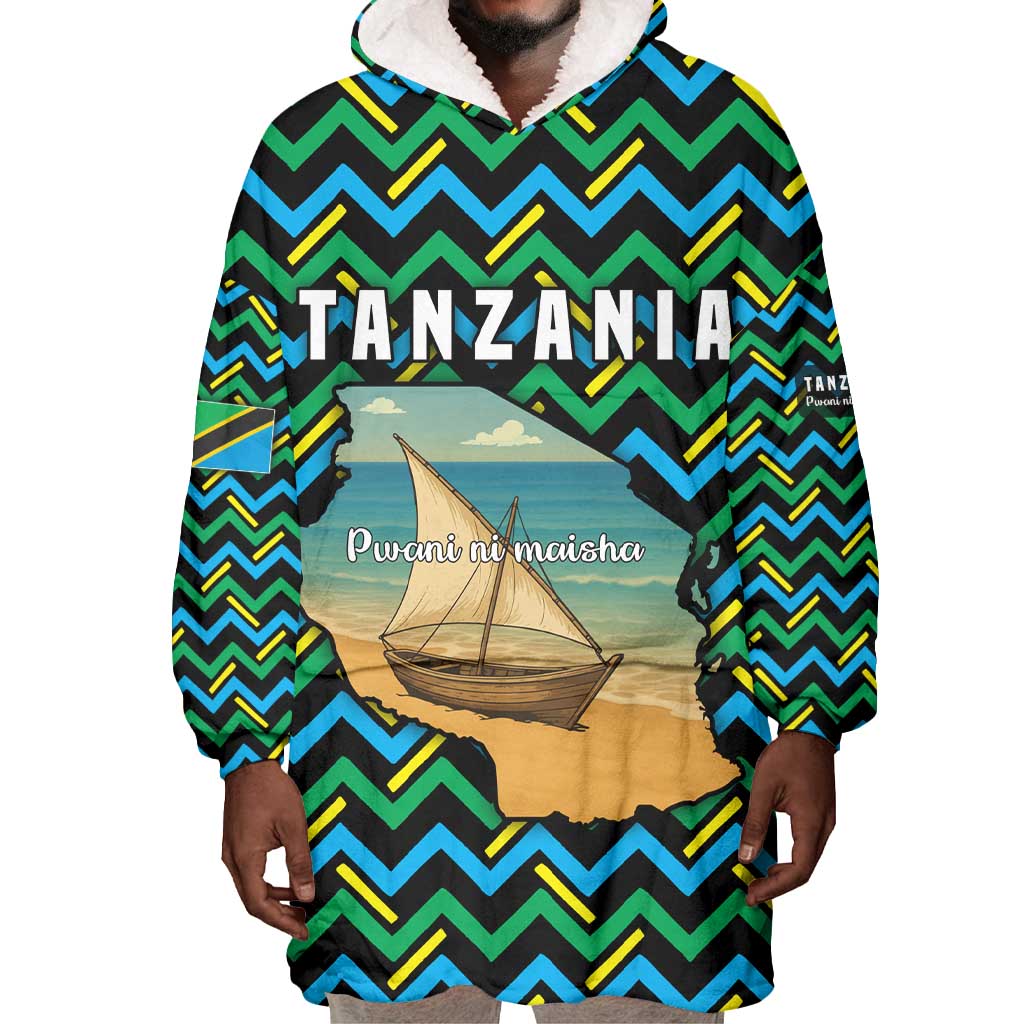 Tanzania Coastal Life Wearable Blanket Hoodie - Swahili Dhow Boat and Tribal Pattern TS04
