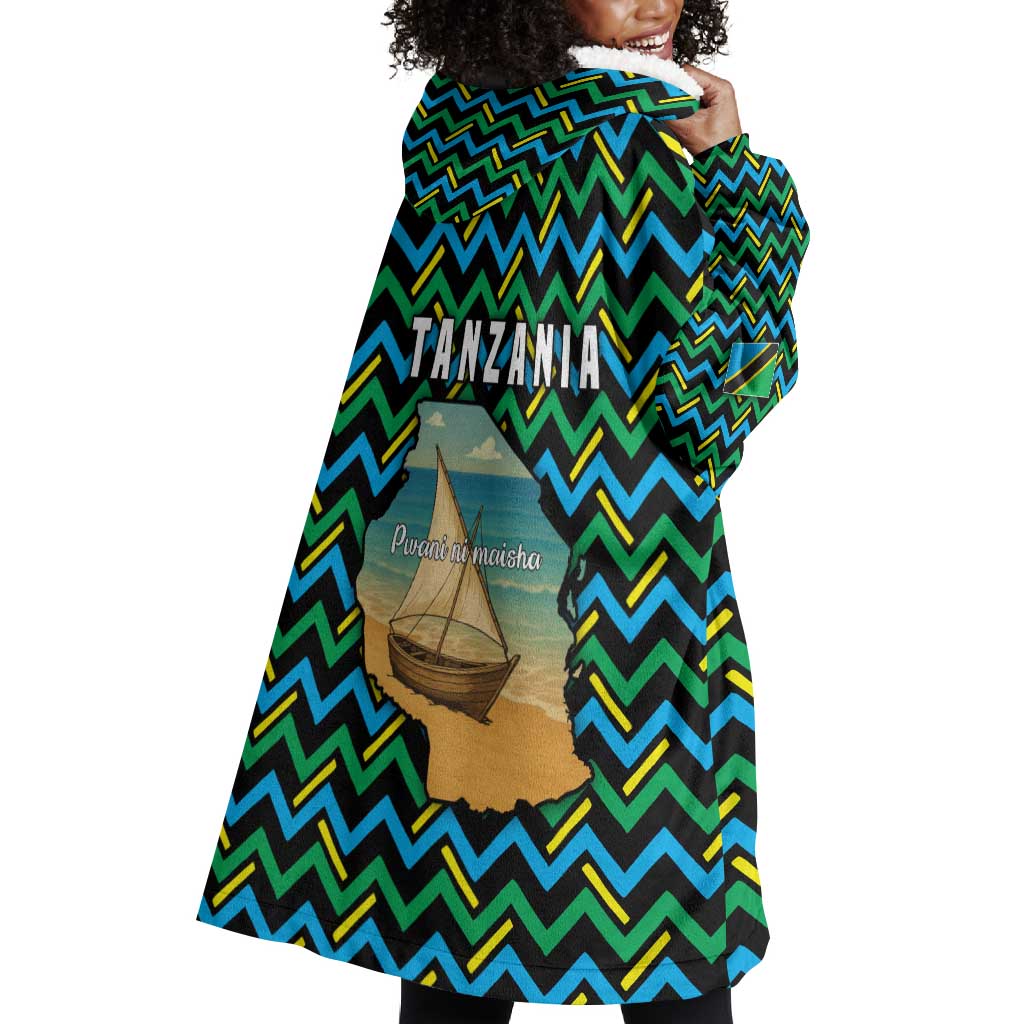Tanzania Coastal Life Wearable Blanket Hoodie - Swahili Dhow Boat and Tribal Pattern TS04