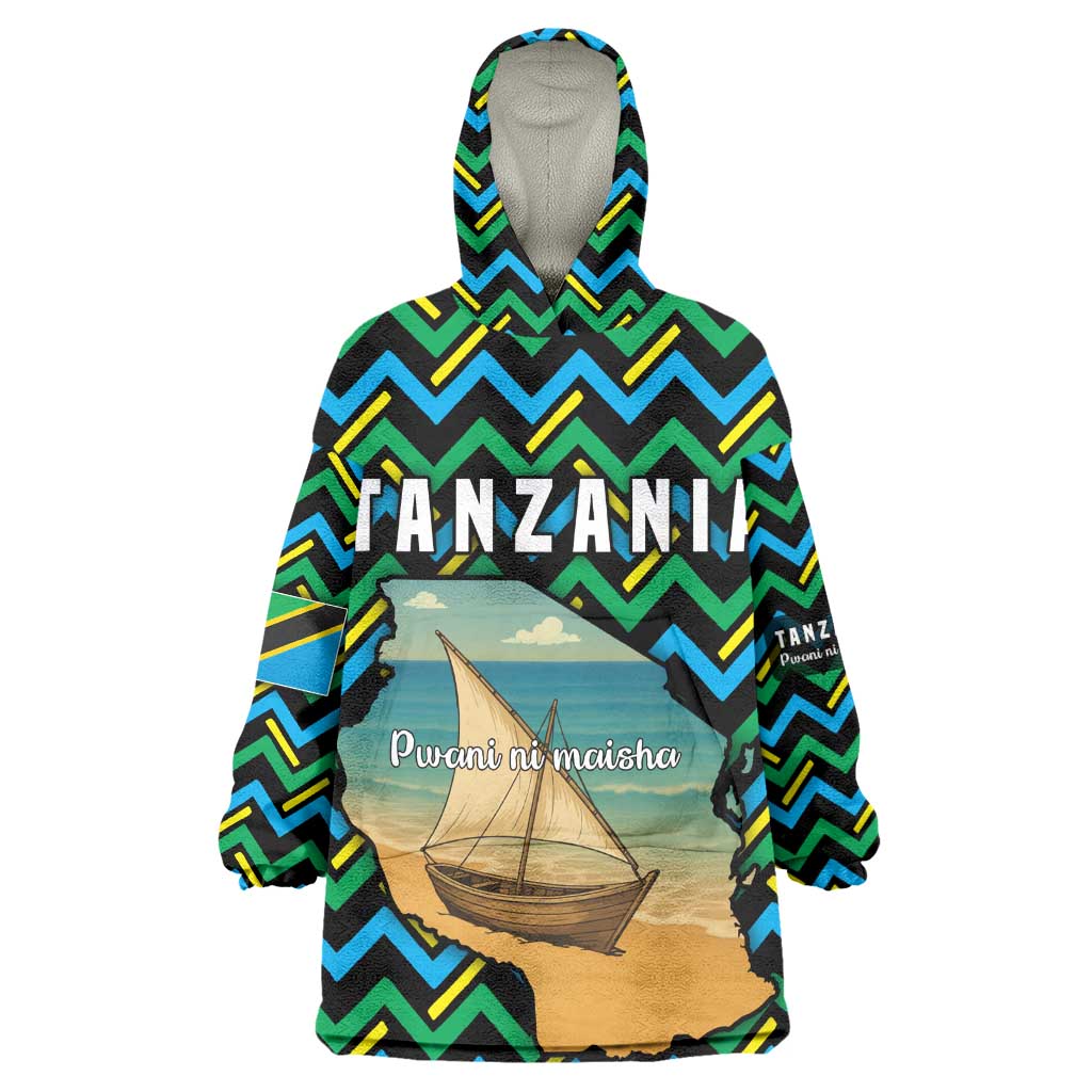 Tanzania Coastal Life Wearable Blanket Hoodie - Swahili Dhow Boat and Tribal Pattern TS04