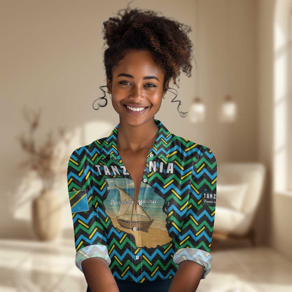 Tanzania Coastal Life Women Casual Shirt - Swahili Dhow Boat and Tribal Pattern TS04