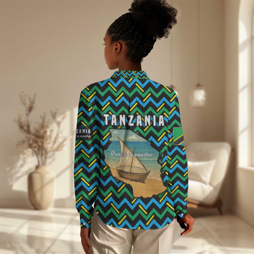 Tanzania Coastal Life Women Casual Shirt - Swahili Dhow Boat and Tribal Pattern TS04
