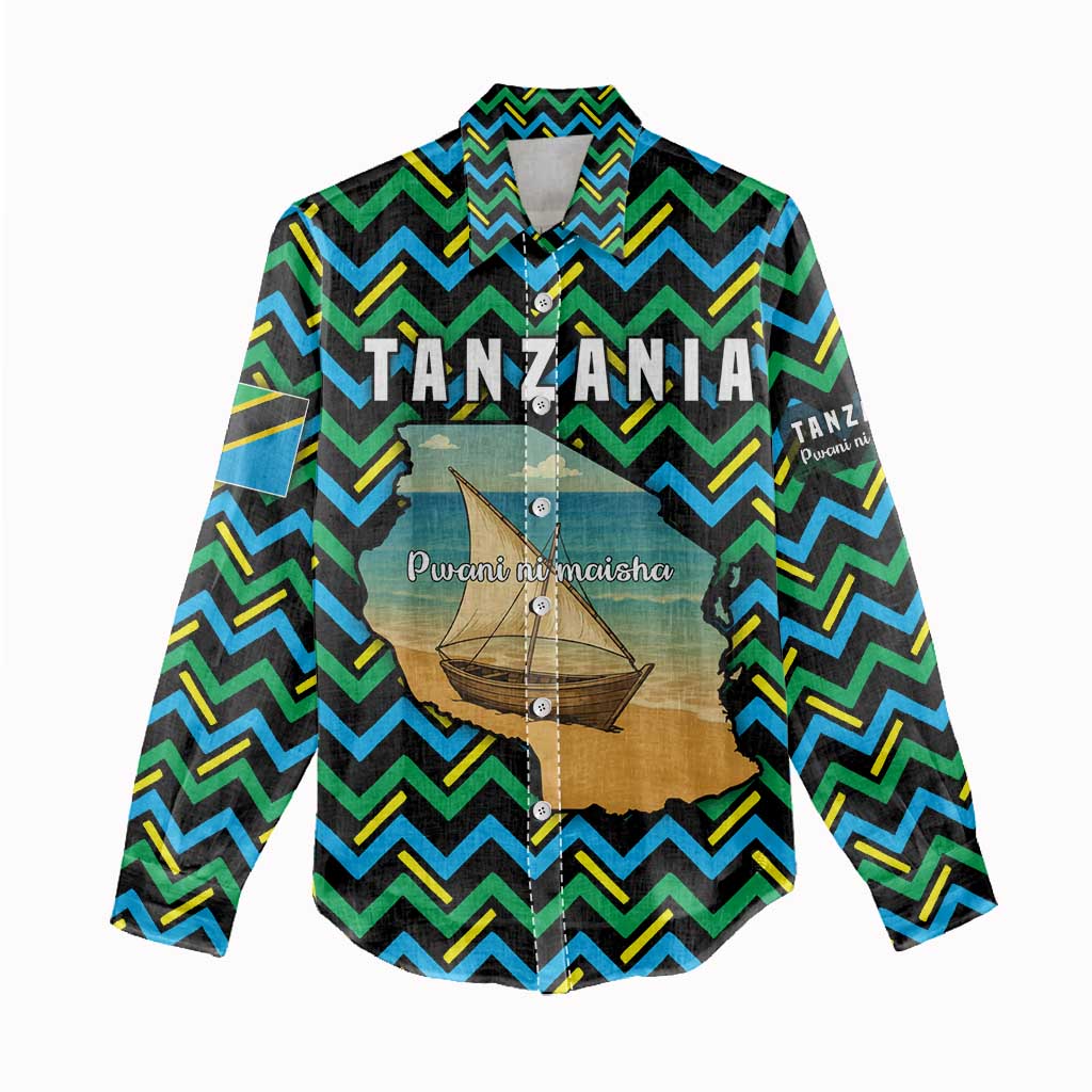 Tanzania Coastal Life Women Casual Shirt - Swahili Dhow Boat and Tribal Pattern TS04