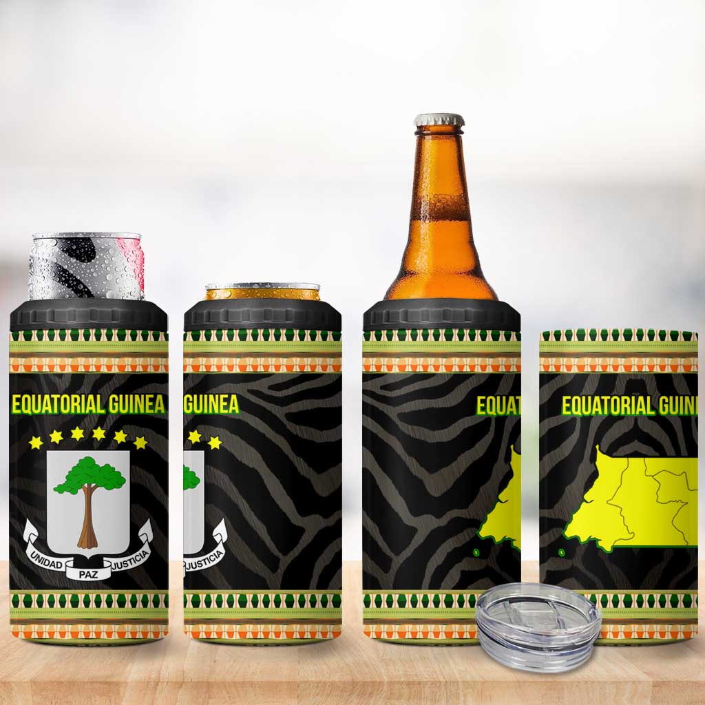Equatorial Guinea Heritage 4 in 1 Can Cooler Tumbler - National Emblem and Tribal Zebra Print TS04