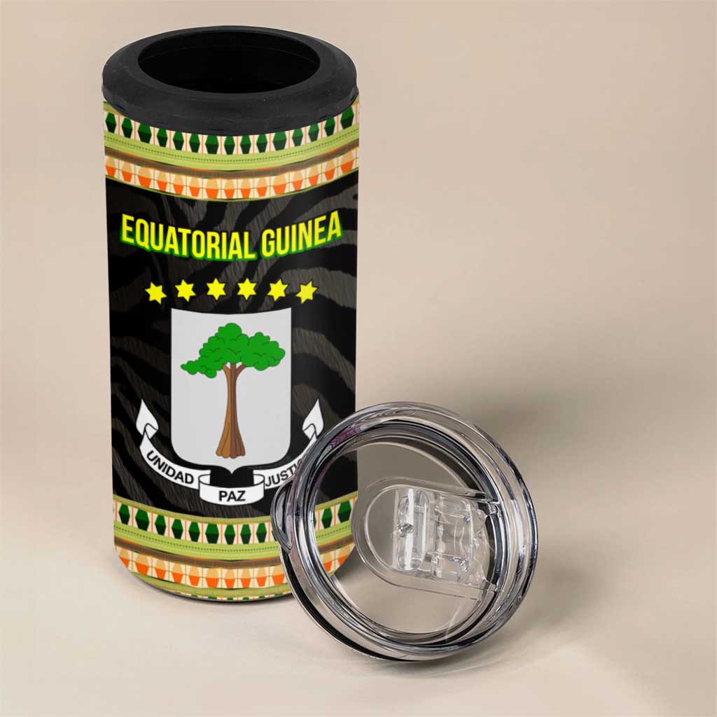 Equatorial Guinea Heritage 4 in 1 Can Cooler Tumbler - National Emblem and Tribal Zebra Print TS04