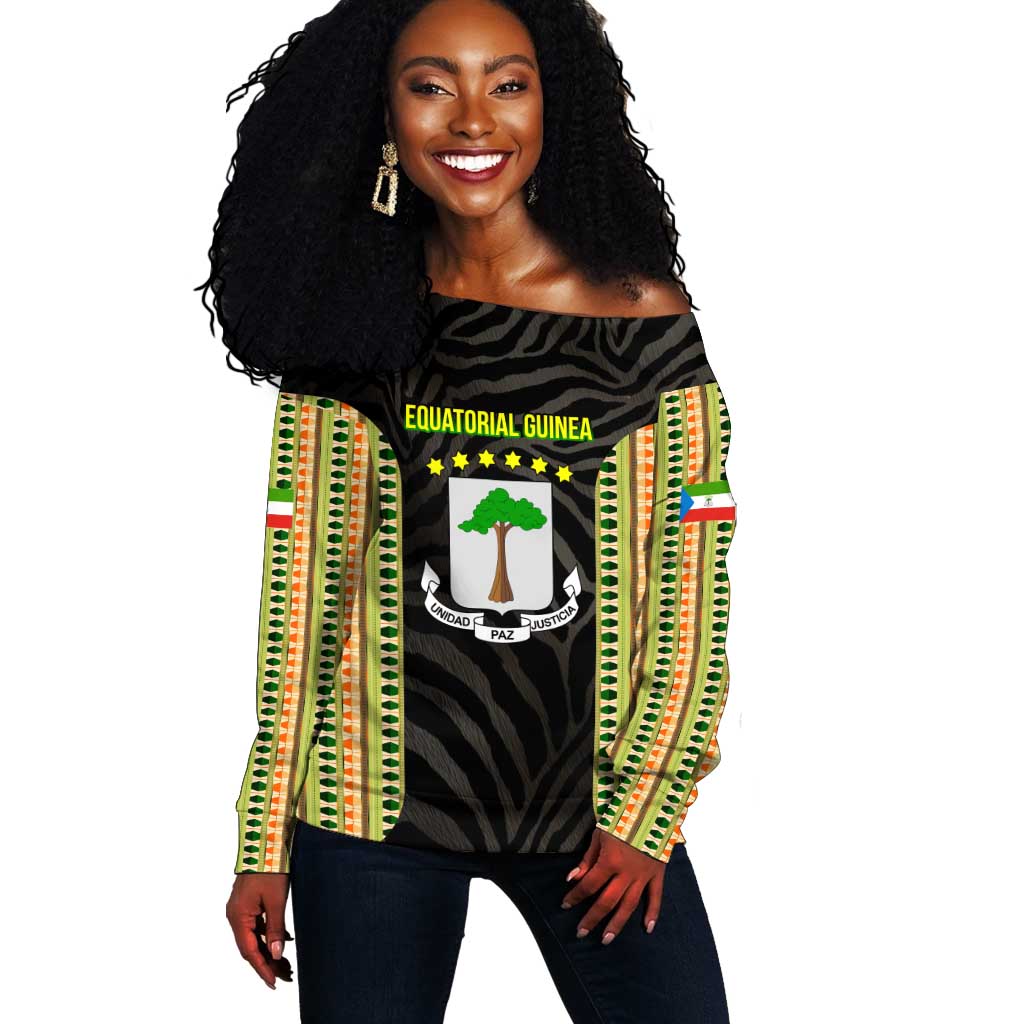 Equatorial Guinea Heritage Off Shoulder Sweater - National Emblem and Tribal Zebra Print TS04
