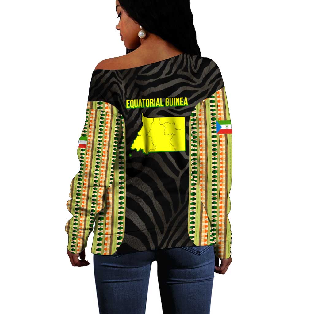 Equatorial Guinea Heritage Off Shoulder Sweater - National Emblem and Tribal Zebra Print TS04