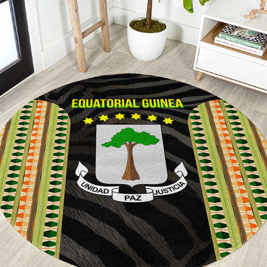 Equatorial Guinea Heritage Round Carpet - National Emblem and Tribal Zebra Print TS04