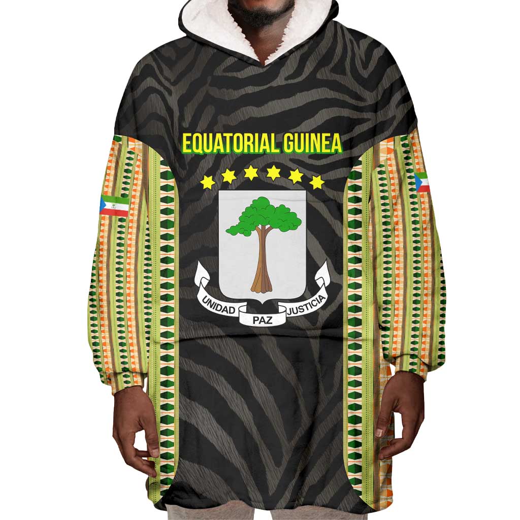 Equatorial Guinea Heritage Wearable Blanket Hoodie - National Emblem and Tribal Zebra Print TS04