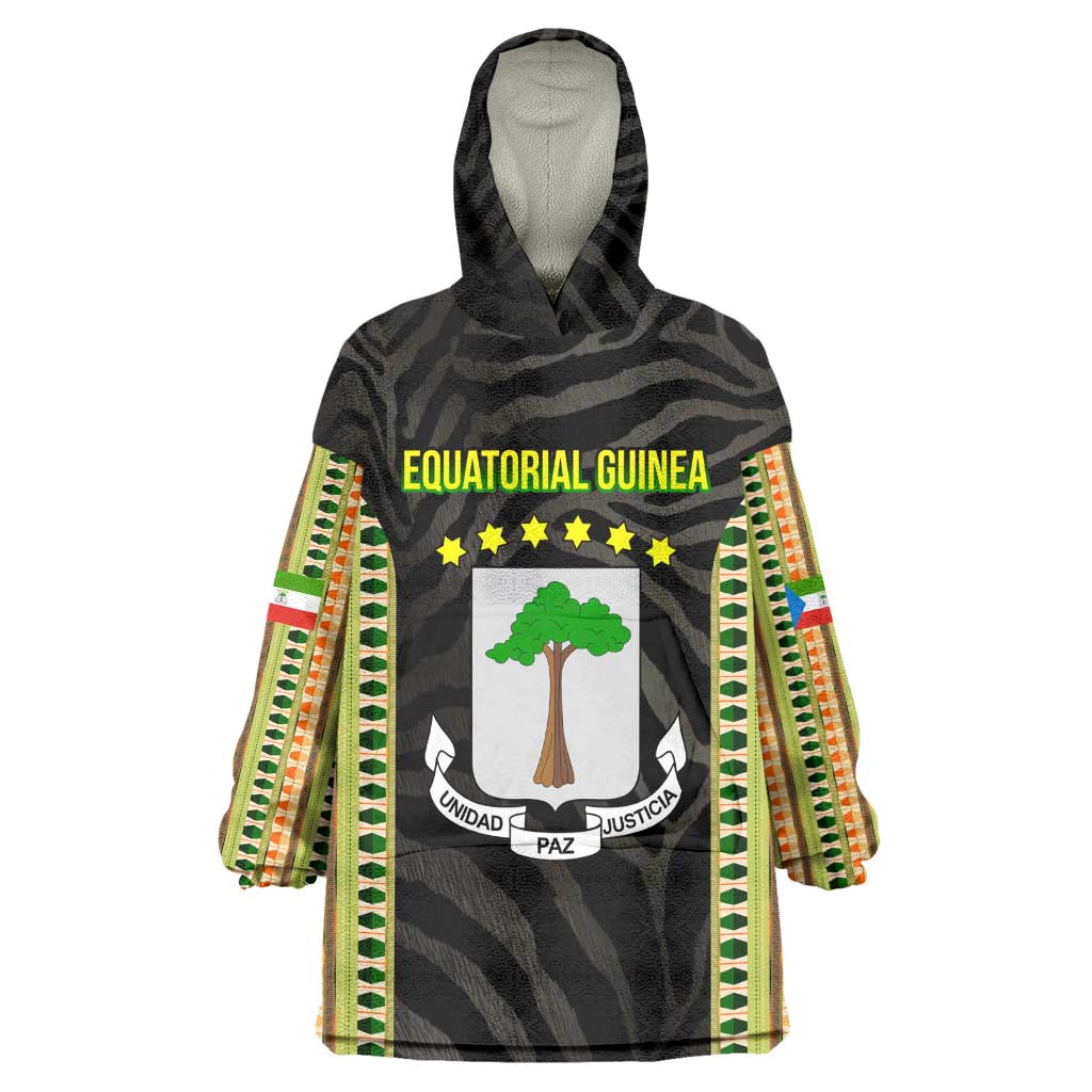 Equatorial Guinea Heritage Wearable Blanket Hoodie - National Emblem and Tribal Zebra Print TS04