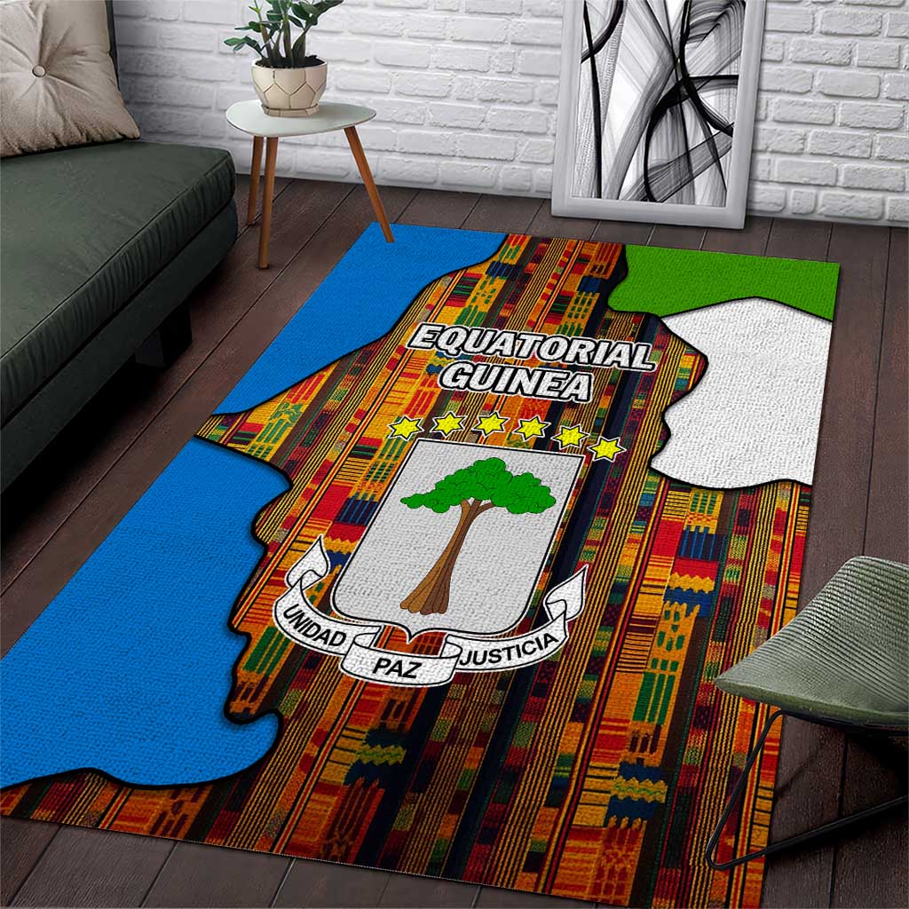 Equatorial Guinea Kente Area Rug - Tribal Mask and National Coat of Arms TS04