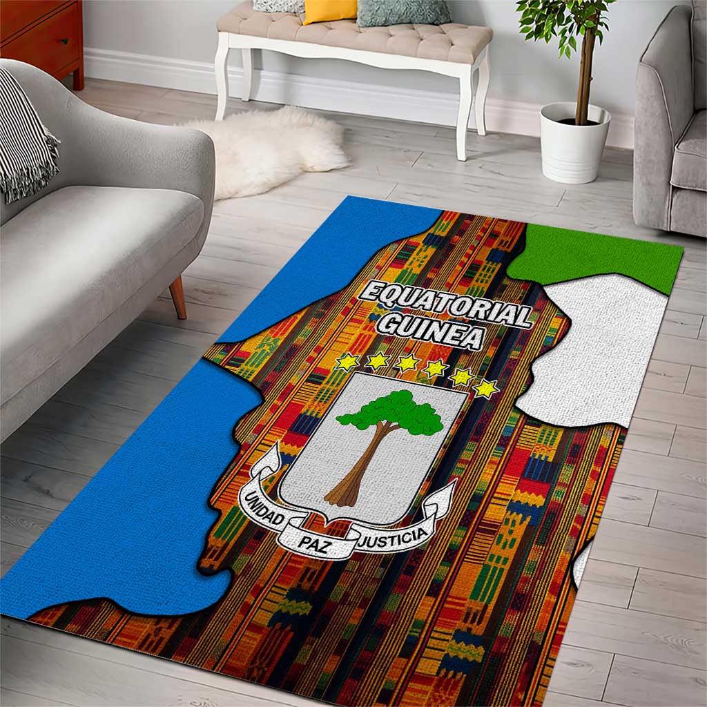 Equatorial Guinea Kente Area Rug - Tribal Mask and National Coat of Arms TS04