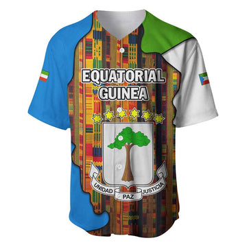Equatorial Guinea Kente Baseball Jersey - Tribal Mask and National Coat of Arms TS04