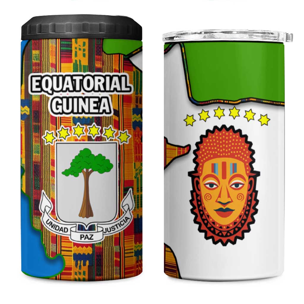 Equatorial Guinea Kente 4 in 1 Can Cooler Tumbler - Tribal Mask and National Coat of Arms TS04