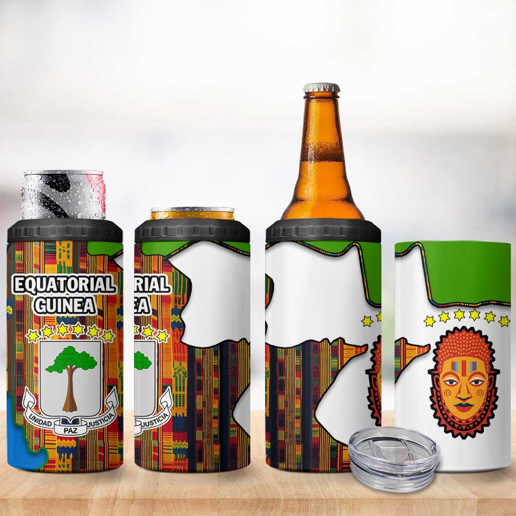 Equatorial Guinea Kente 4 in 1 Can Cooler Tumbler - Tribal Mask and National Coat of Arms TS04