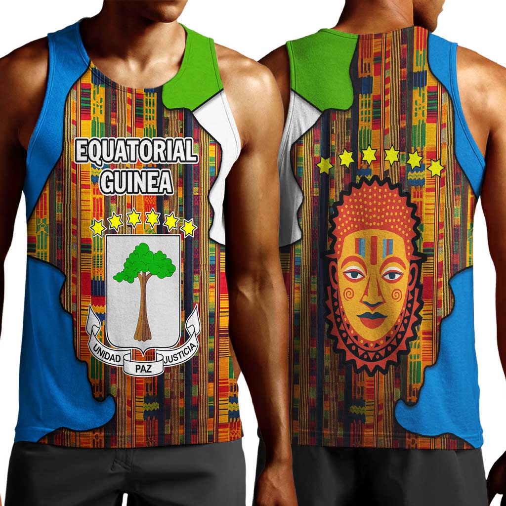 Equatorial Guinea Kente Men Tank Top - Tribal Mask and National Coat of Arms TS04