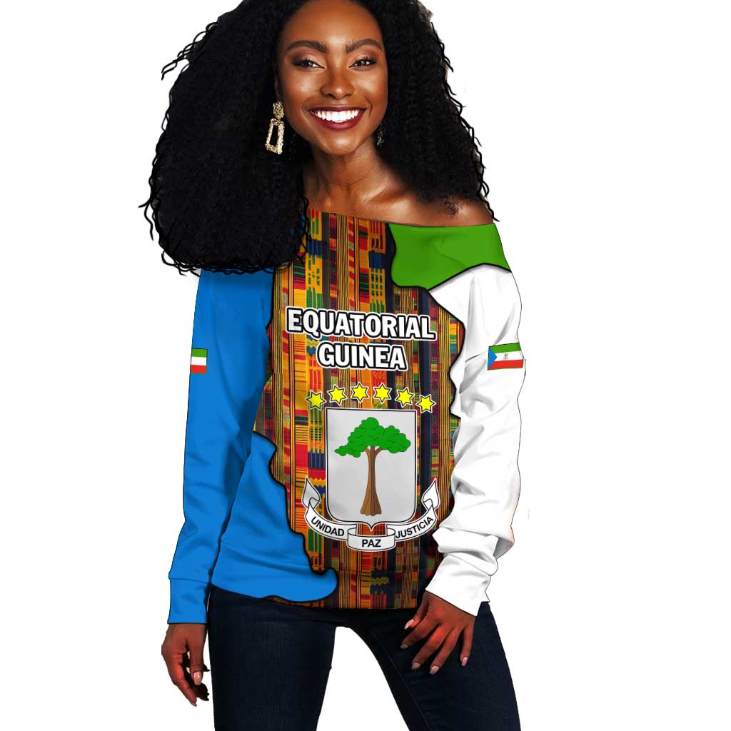 Equatorial Guinea Kente Off Shoulder Sweater - Tribal Mask and National Coat of Arms TS04