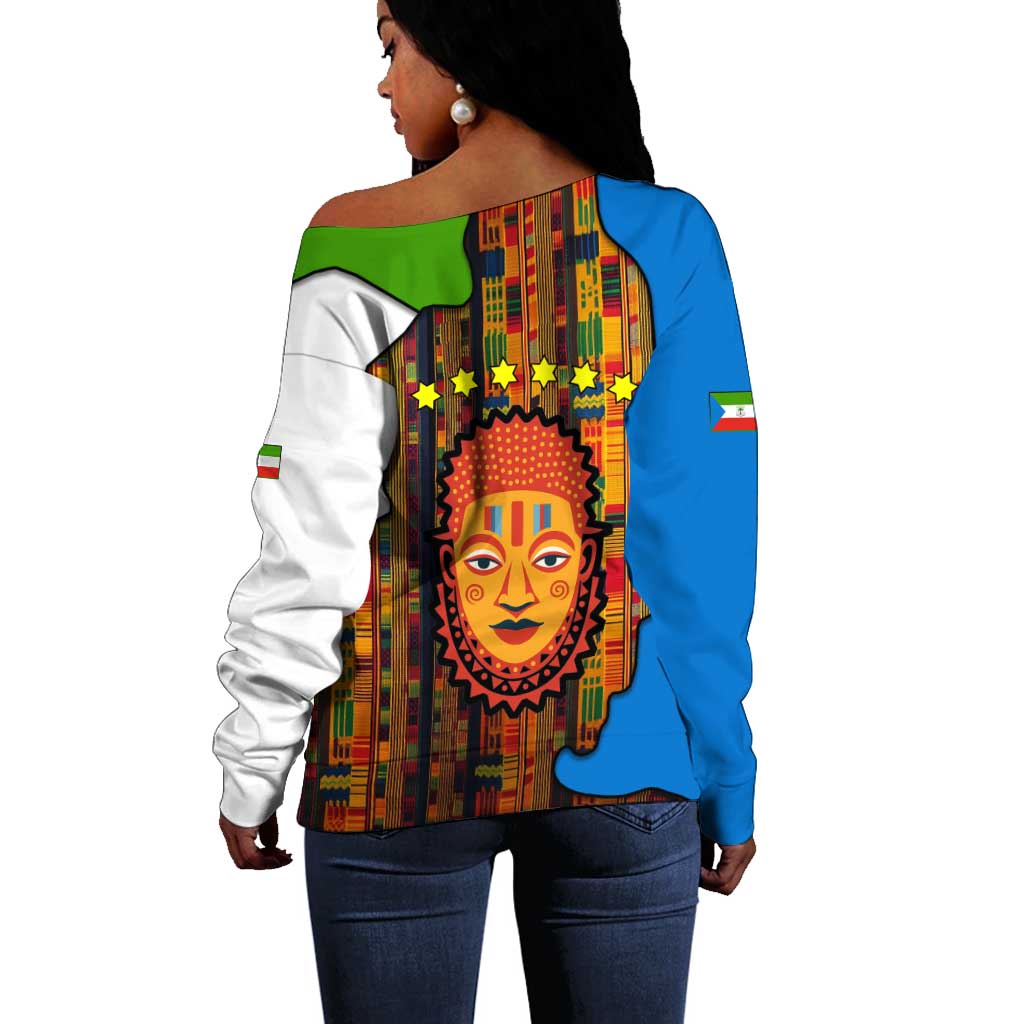 Equatorial Guinea Kente Off Shoulder Sweater - Tribal Mask and National Coat of Arms TS04