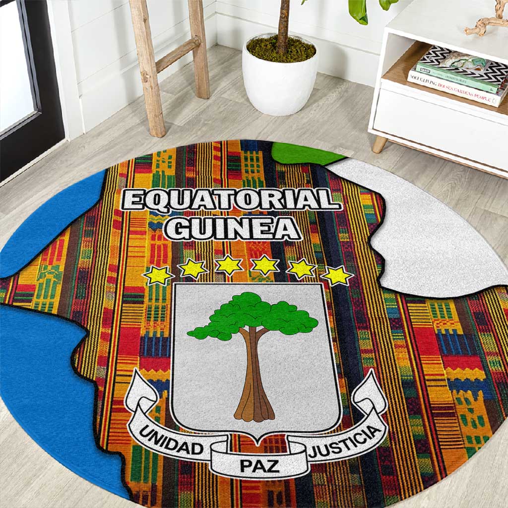 Equatorial Guinea Kente Round Carpet - Tribal Mask and National Coat of Arms TS04