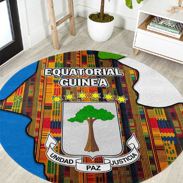 Equatorial Guinea Kente Round Carpet - Tribal Mask and National Coat of Arms TS04