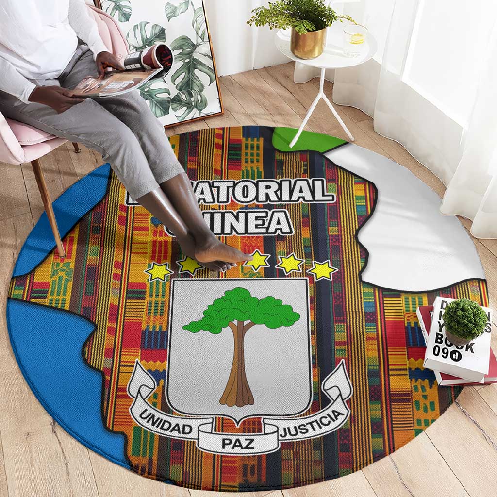 Equatorial Guinea Kente Round Carpet - Tribal Mask and National Coat of Arms TS04