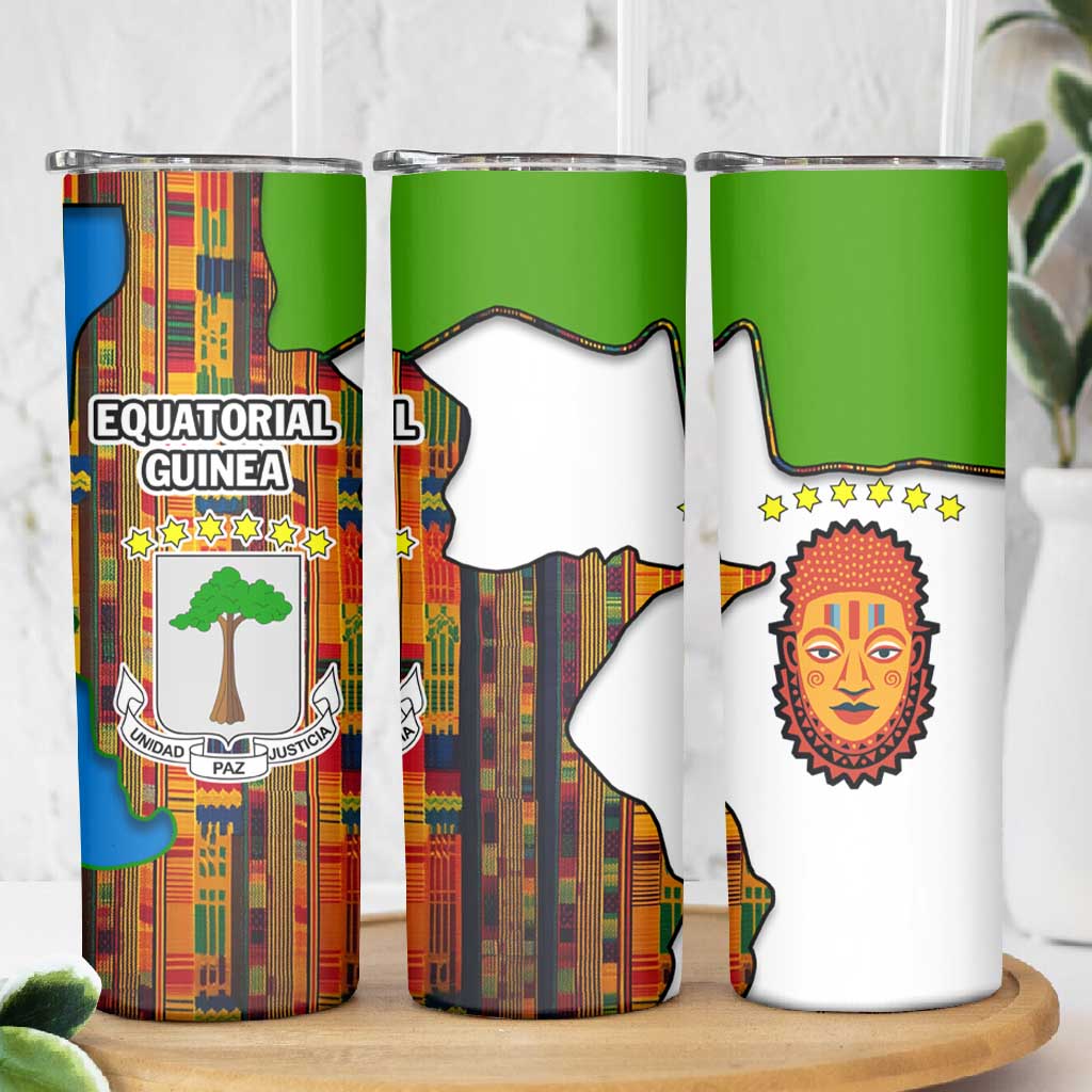 Equatorial Guinea Kente Skinny Tumbler - Tribal Mask and National Coat of Arms TS04