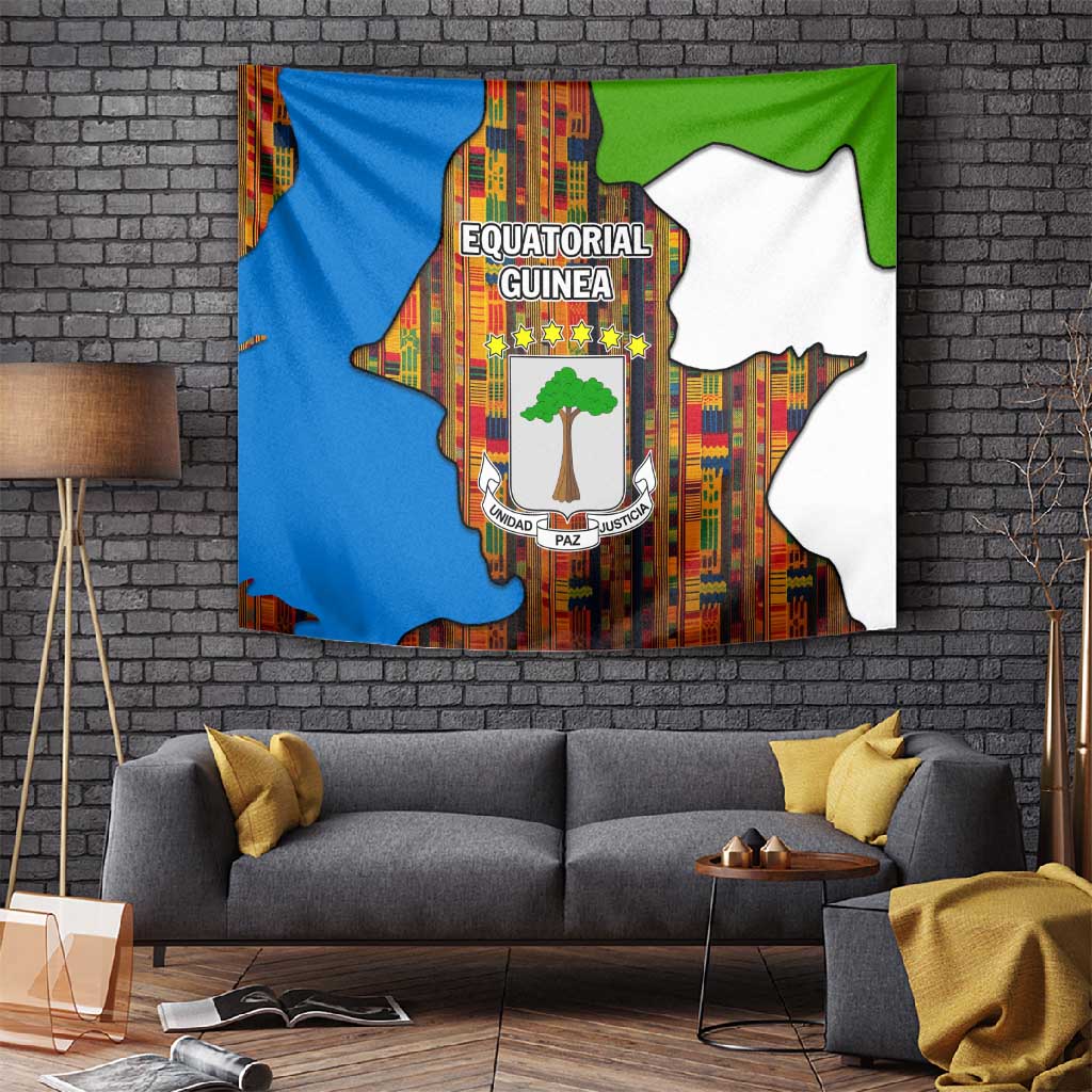 Equatorial Guinea Kente Tapestry - Tribal Mask and National Coat of Arms TS04