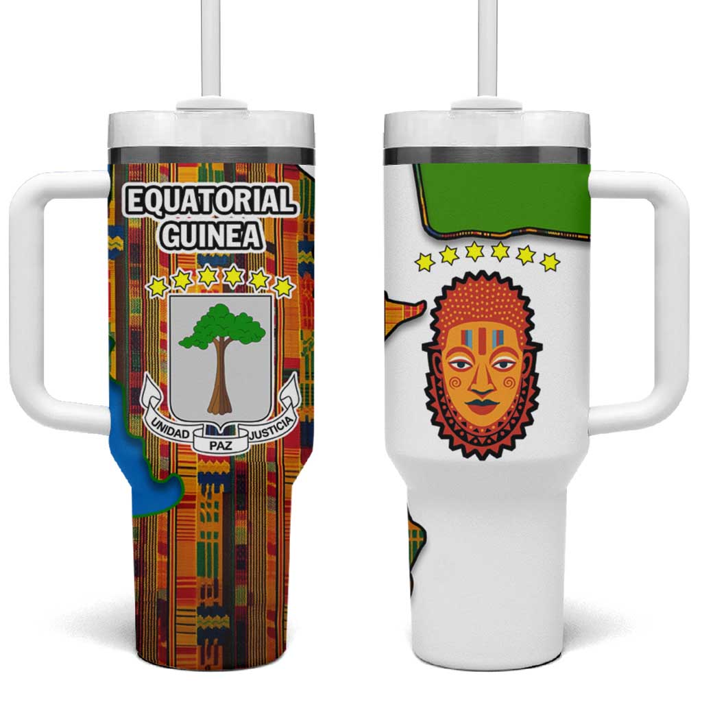 Equatorial Guinea Kente Tumbler With Handle - Tribal Mask and National Coat of Arms TS04