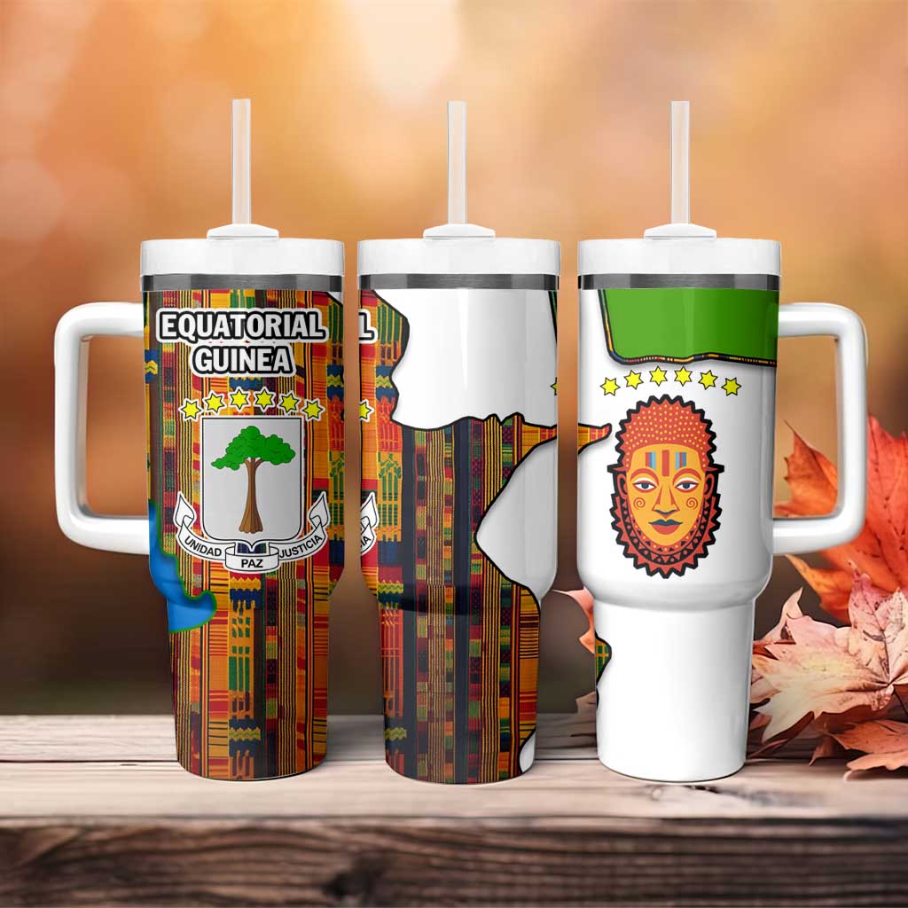 Equatorial Guinea Kente Tumbler With Handle - Tribal Mask and National Coat of Arms TS04