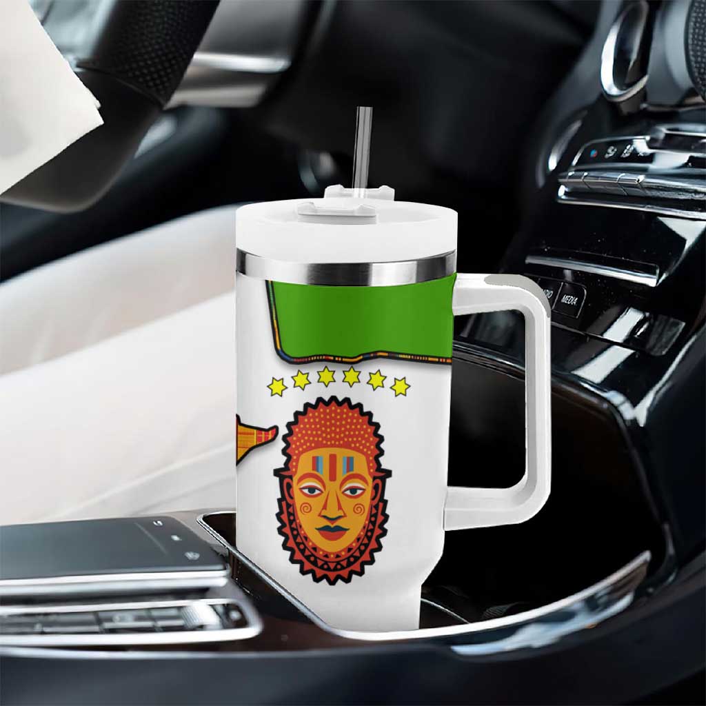 Equatorial Guinea Kente Tumbler With Handle - Tribal Mask and National Coat of Arms TS04