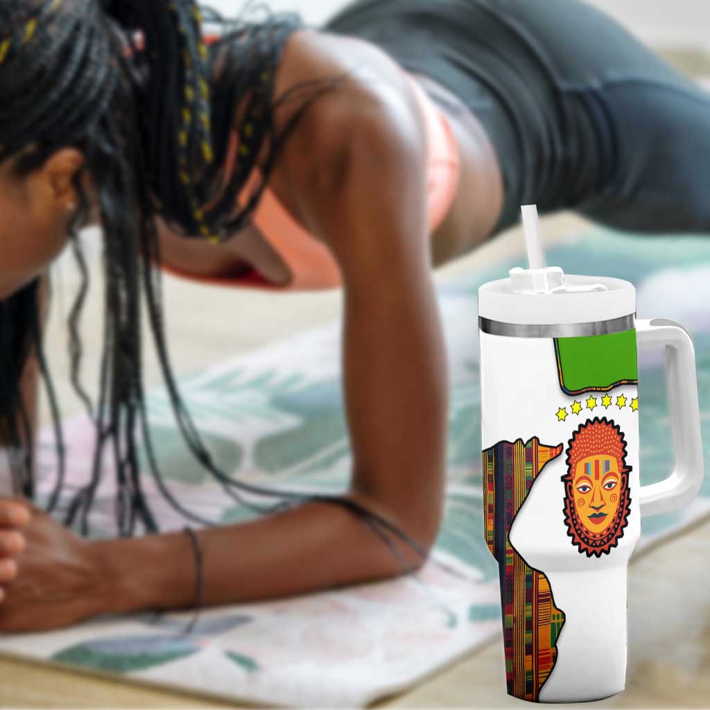 Equatorial Guinea Kente Tumbler With Handle - Tribal Mask and National Coat of Arms TS04