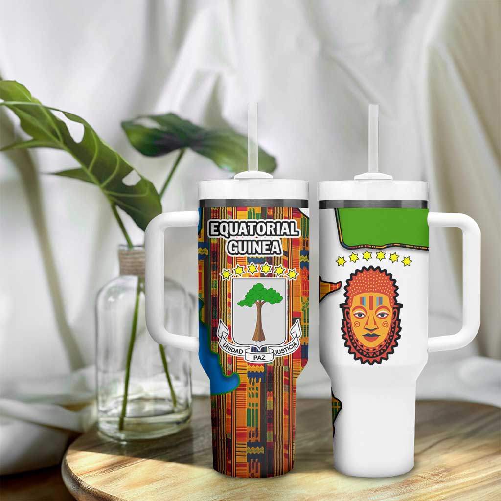Equatorial Guinea Kente Tumbler With Handle - Tribal Mask and National Coat of Arms TS04