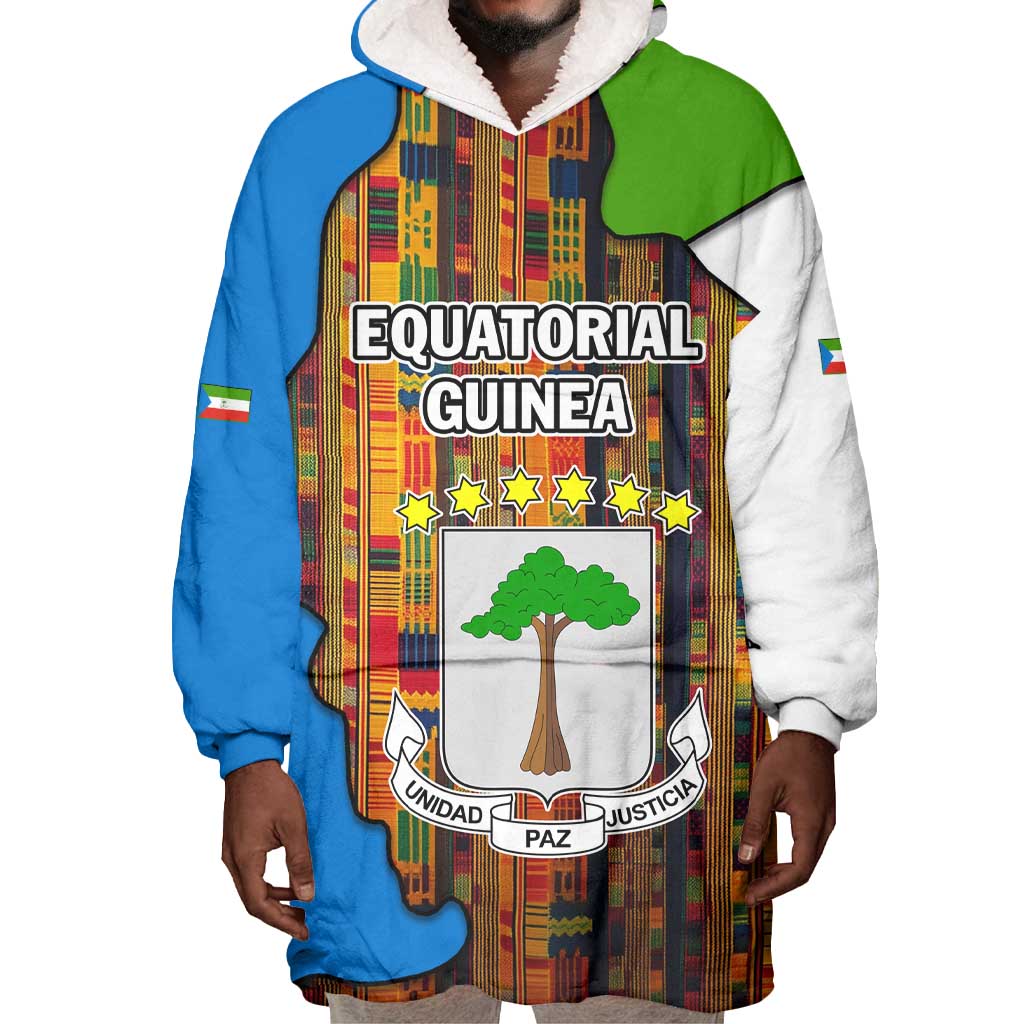 Equatorial Guinea Kente Wearable Blanket Hoodie - Tribal Mask and National Coat of Arms TS04