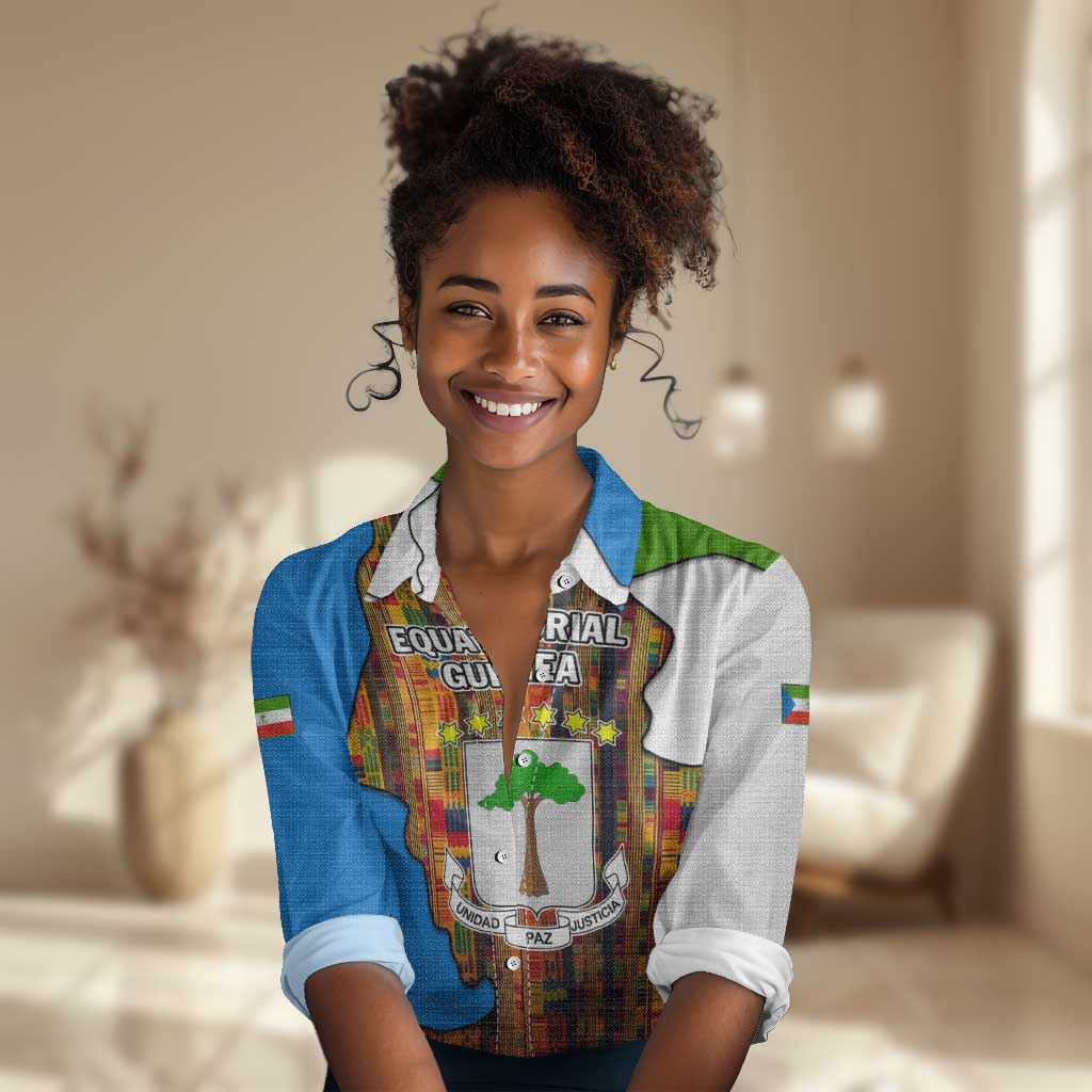 Equatorial Guinea Kente Women Casual Shirt - Tribal Mask and National Coat of Arms TS04