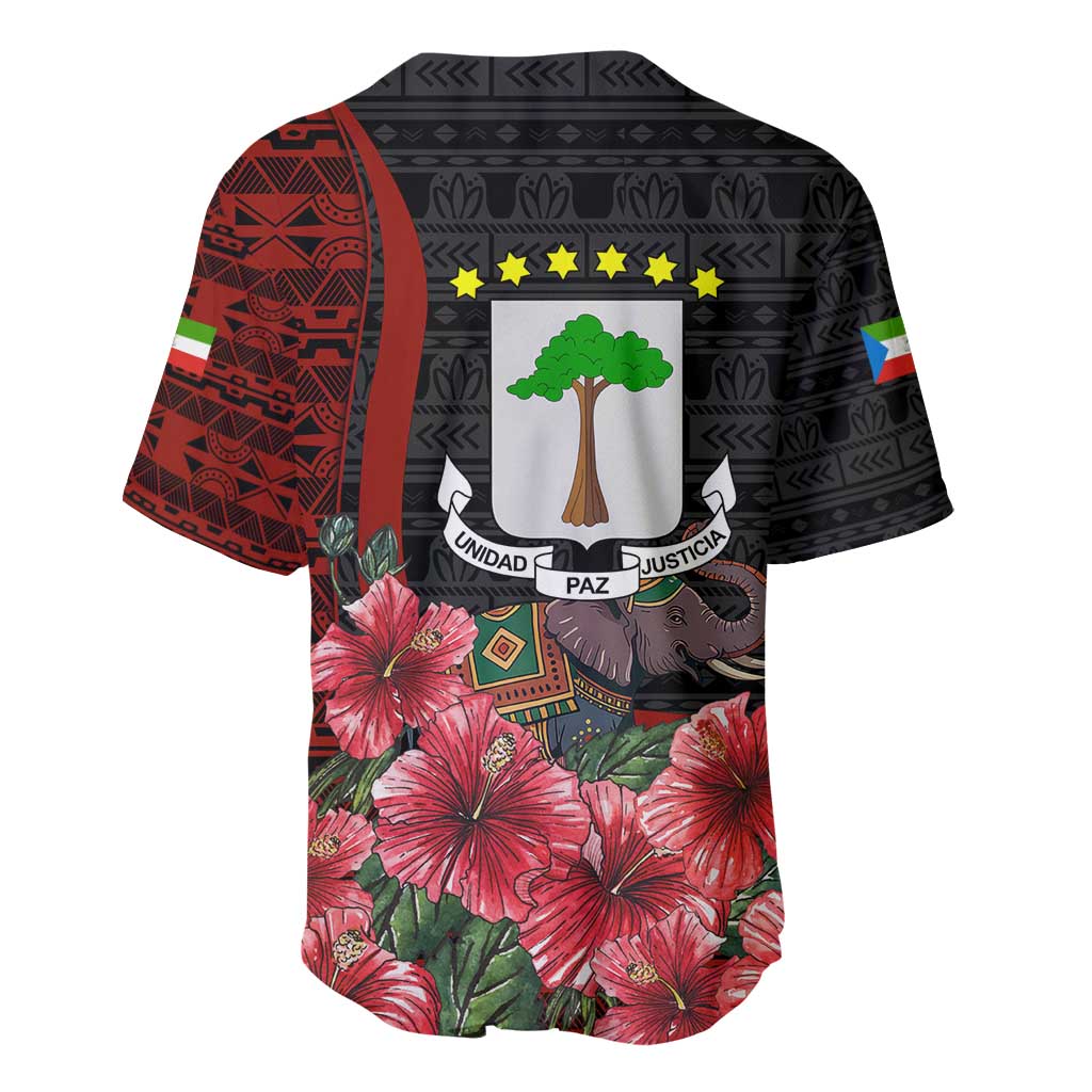 Equatorial Guinea Elephant Baseball Jersey - Hibiscus Flowers and Tribal Patterns TS04