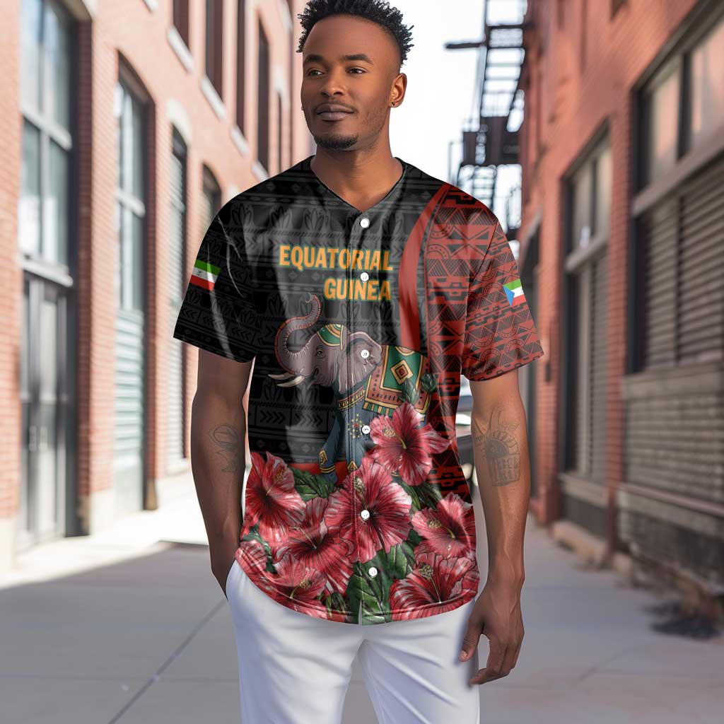 Equatorial Guinea Elephant Baseball Jersey - Hibiscus Flowers and Tribal Patterns TS04
